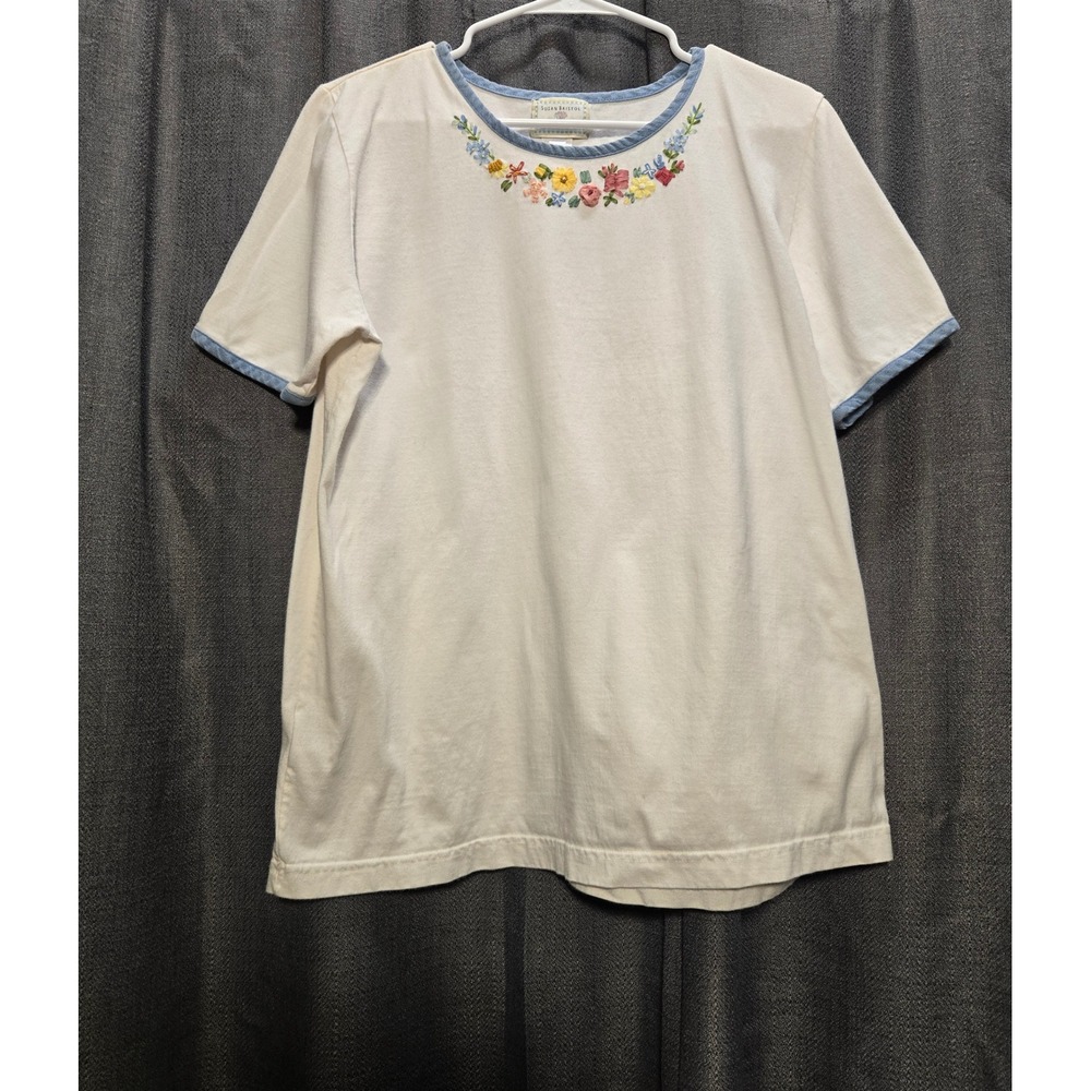 Susan Bristol‎ Embroidered Floral T-Shirt Blue Trim Short Sleeve Top Size Large